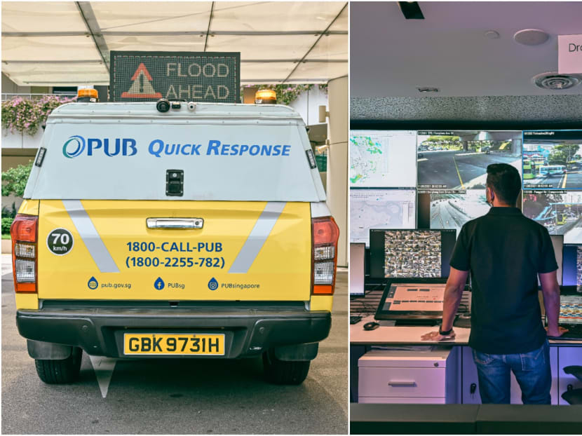 PUB's flood response vehicle (left) and an officer from the agency's Joint Operations Centre monitoring conditions on the roads (right).