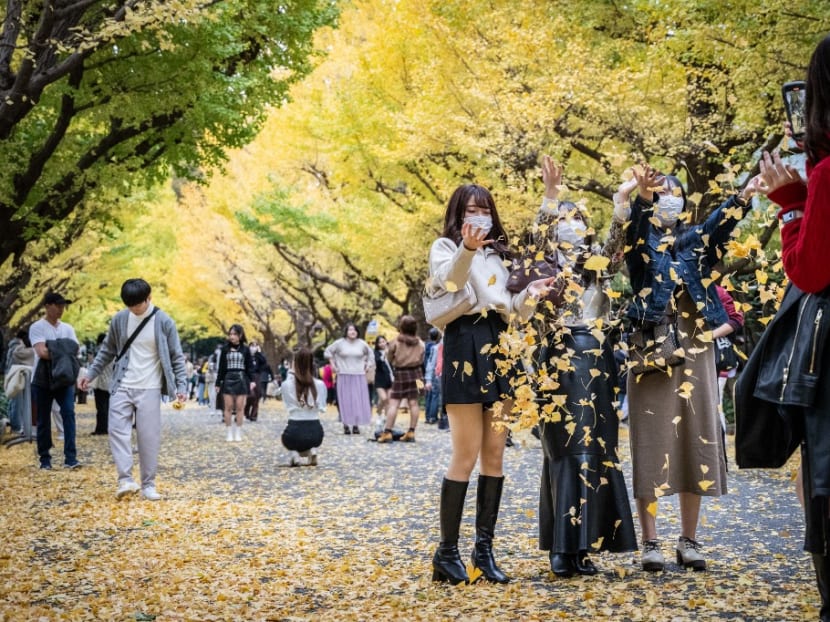 People have their photographs taken as they throw fallen leaves in autumn colours in Tokyo on Nov 13, 2022.