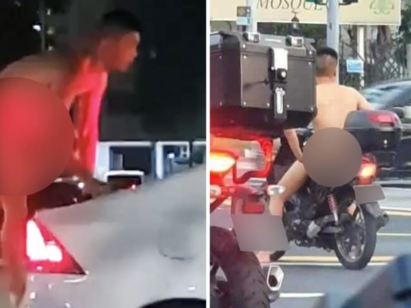 In a screenshot from a video circulating online, a naked man climbs onto the roof of a car — with its driver inside — in an open-air car park (left). A photo taken by a member of the public shows a naked man on a motorcyclist waiting at a traffic light near Masjid Darul Aman in Eunos (right).