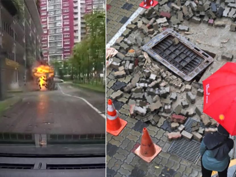 A manhole blows up outside a multi-storey car park at Bukit Batok West on Aug 24, 2021, scattering bricks. .
