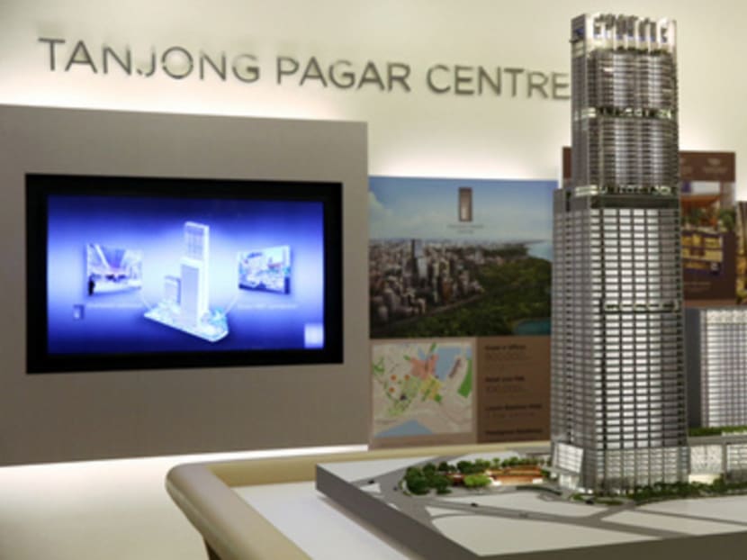 GuocoLand yesterday launched the commercial and retail portions of Tanjong Pagar Centre. At 290m, the development will be Singapore’s tallest building when it is completed in the middle of next year. Photo: Don Wong