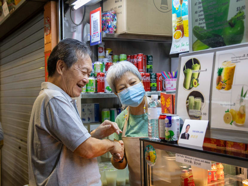 Presidential hopeful Tan Kin Lian meeting a stallholder at West Coast Food Centre on Aug 21, 2023. Presidential hopeful Tan Kin Lian meeting a stallholder at West Coast Food Centre on Aug 21, 2023.