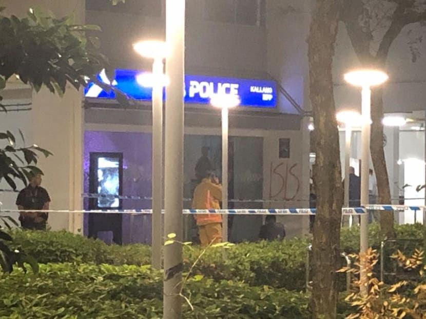 Police tape cordoning off an area around the Kallang Neighbourhood Police Post, which is an e-kiosk, on March 14, 2020.