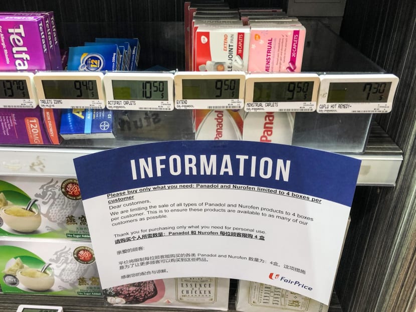 A notice showing at an NTUC FairPrice outlet informing customers on the purchase limits for Panadol packs on Dec 23, 2022.