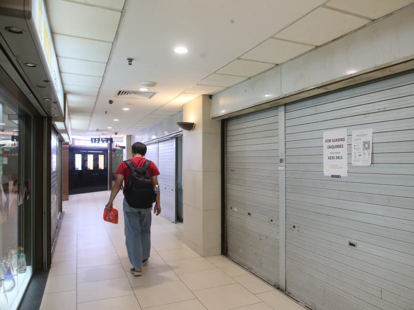 A view of shuttered shop spaces in Lucky Plaza mall on Orchard Road.