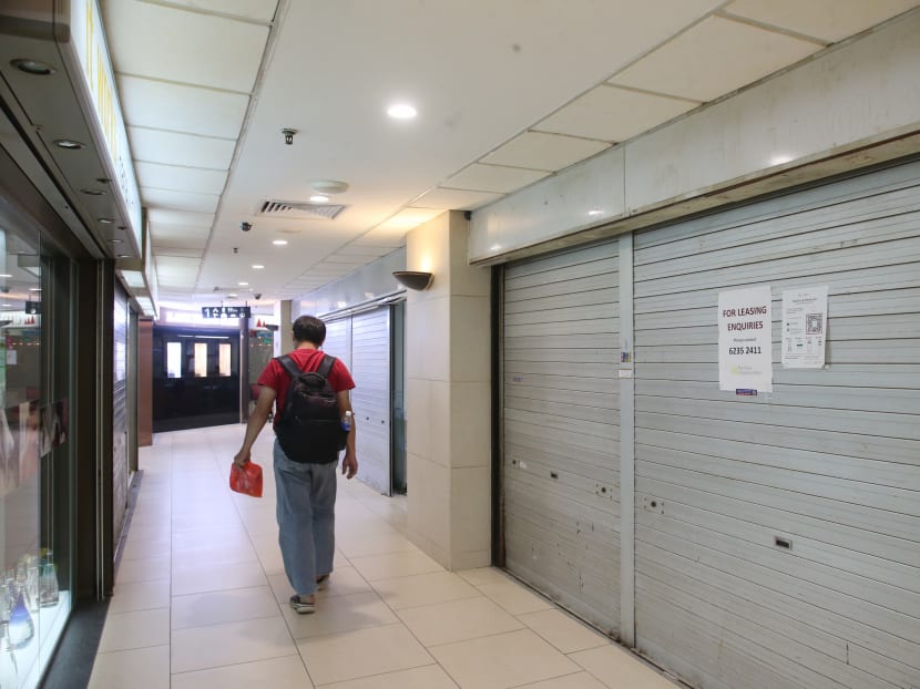A view of shuttered shop spaces in Lucky Plaza mall on Orchard Road. A view of shuttered shop spaces in Lucky Plaza mall on Orchard Road.