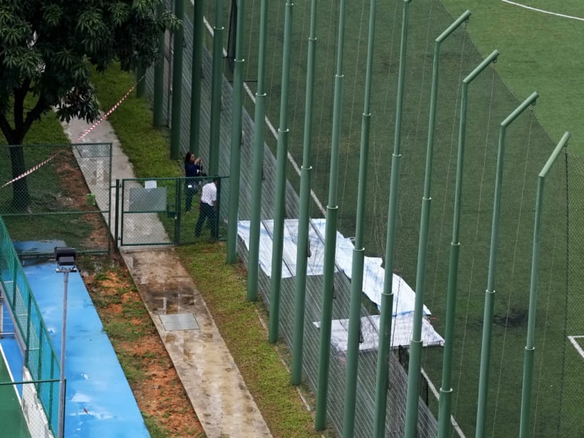 The goalpost which collapsed. The Geylang Methodist Secondary School field has since been closed to facilitate police investigations. Photo: Nuria Ling/TODAY