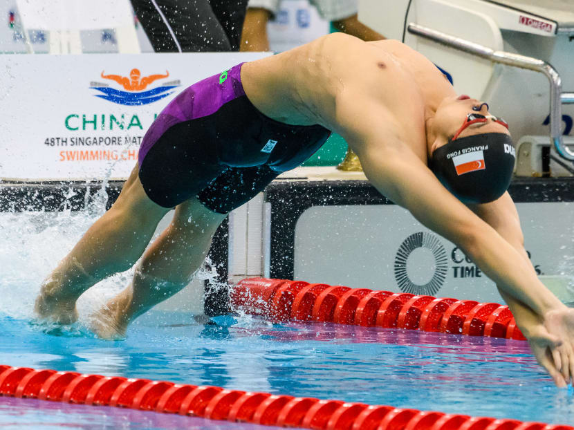 Francis Fong finished first in the men's 100m backstroke in 55.85sec to meet the ‘A’ qualifying mark for the SEA Games. Photo: Singapore Swimming Association
