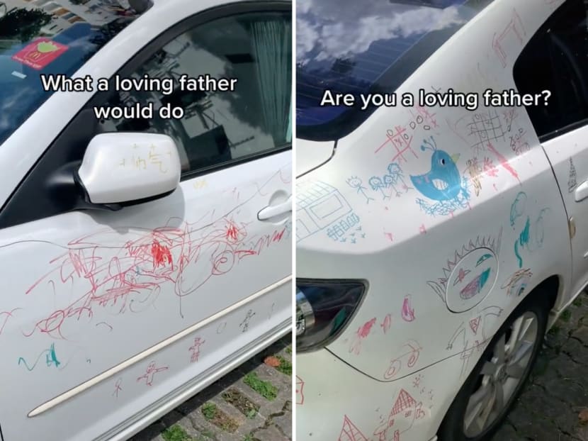 A video showing a white Mazda 3 sedan covered in colourful kids' doodles has gone viral on TikTok. A video showing a white Mazda 3 sedan covered in colourful kids' doodles has gone viral on TikTok.