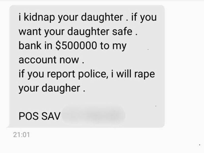 An example of a text message demanding ransom for the kidnap of loved ones