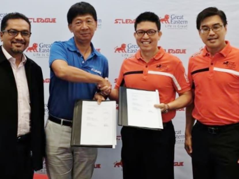 Lim Chin (second from left), seen here in this file photo with (left to right) then-FAS president Zainudin Nordin, Great Eastern Life Chief Marketing Officer Colin Chan and Great Eastern Life CEO (Singapore) Dr Khoo Kah Siang, has helmed the S.League since 2015. TODAY FILE PHOTO