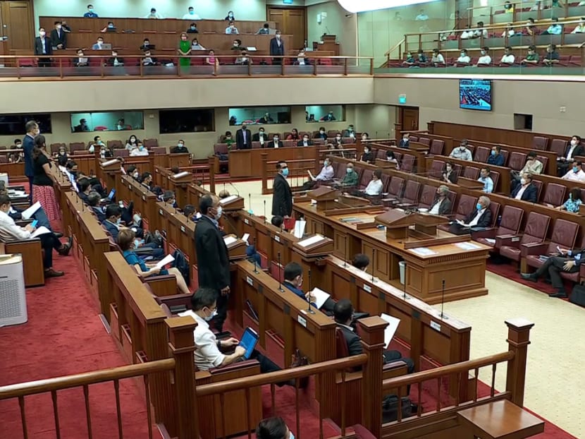 Some Members of Parliament standing to show they voted against parliamentary motions filed on Feb 15, 2022, after a debate on a Committee of Privileges report.