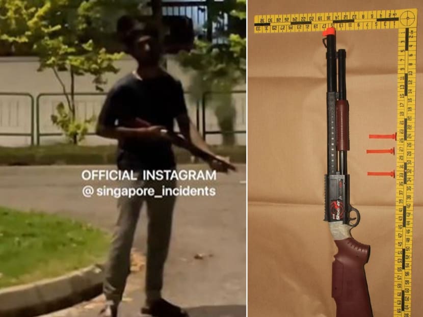 In a video that was posted on the Singapore_incidents Instagram page, a man in a dark-coloured T-shirt and pants can be seen in a middle of the road with what appears to be a shotgun. 