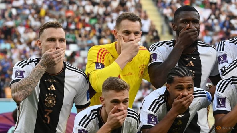 Germany players cover mouths in team photo amid armband row Germany players cover mouths in team photo amid armband row