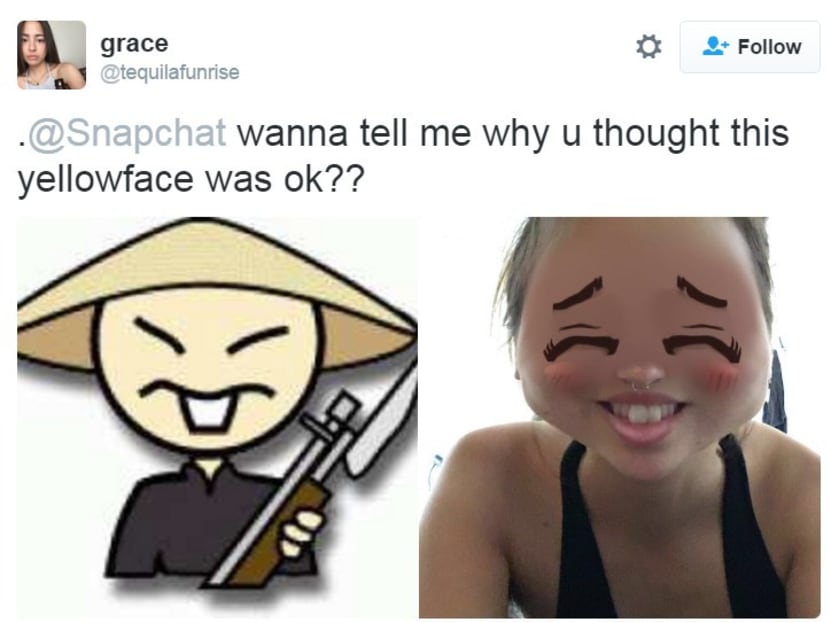 Several Twitter users were upset by SnapChat's "Yellow Face" filter