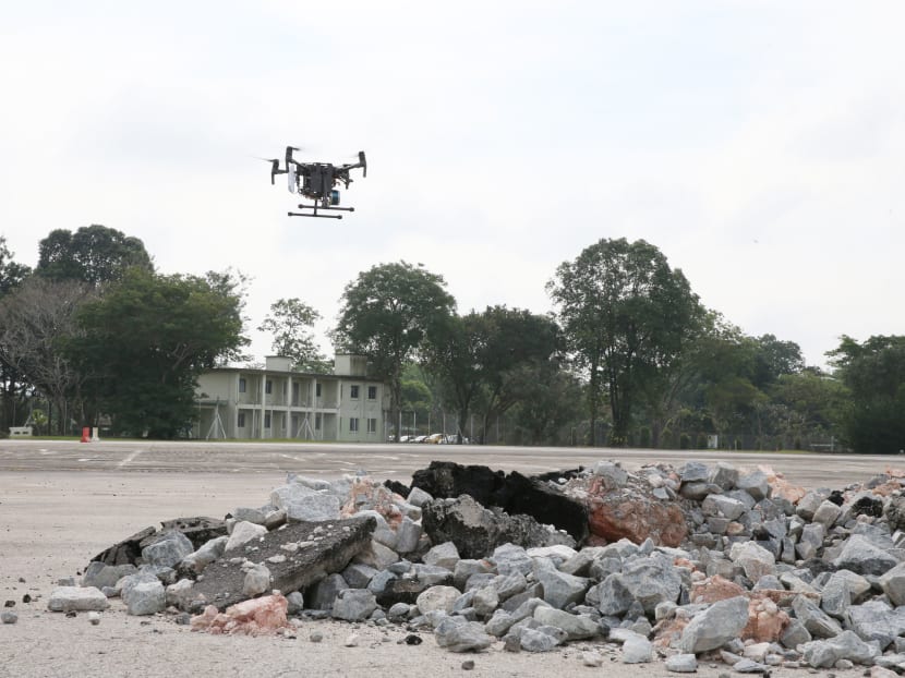 Runway Damage Assessment drone seen in action during the Media invite of the Republic of Singapore Air Force's (RSAF) Smart Airbases of the Future at Tengah Airbase on February 27, 2018. Photo: Koh Mui Fong/TODAY Runway Damage Assessment drone seen in action during the Media invite of the Republic of Singapore Air Force's (RSAF) Smart Airbases of the Future at Tengah Airbase on February 27, 2018. Photo: Koh Mui Fong/TODAY