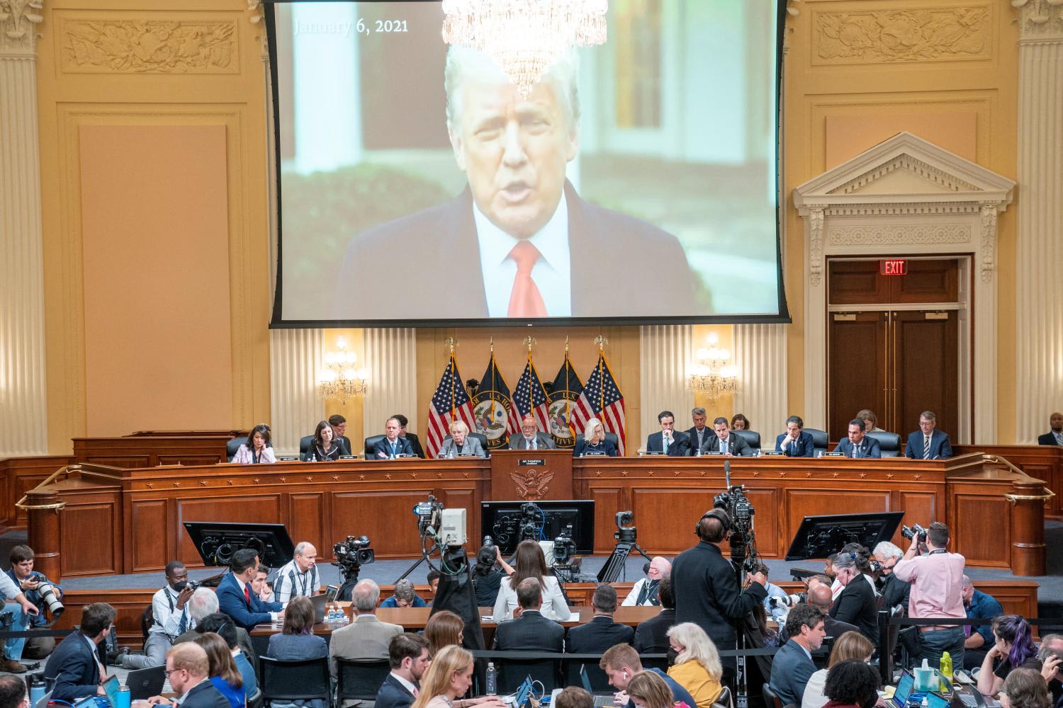 A video of former US President Donald&nbsp;Trump is played as Ms Cassidy Hutchinson, who was an aide to former White House Chief of Staff Mark Meadows during the&nbsp;Trump&nbsp;administration, testifies during House Select Committee a public hearing to investigate the January 6 Attack on the US Capitol, on June 28, 2022.