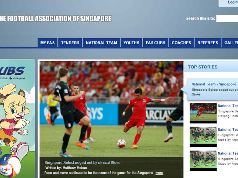 A screenshot of the Football Association of Singapore's website.