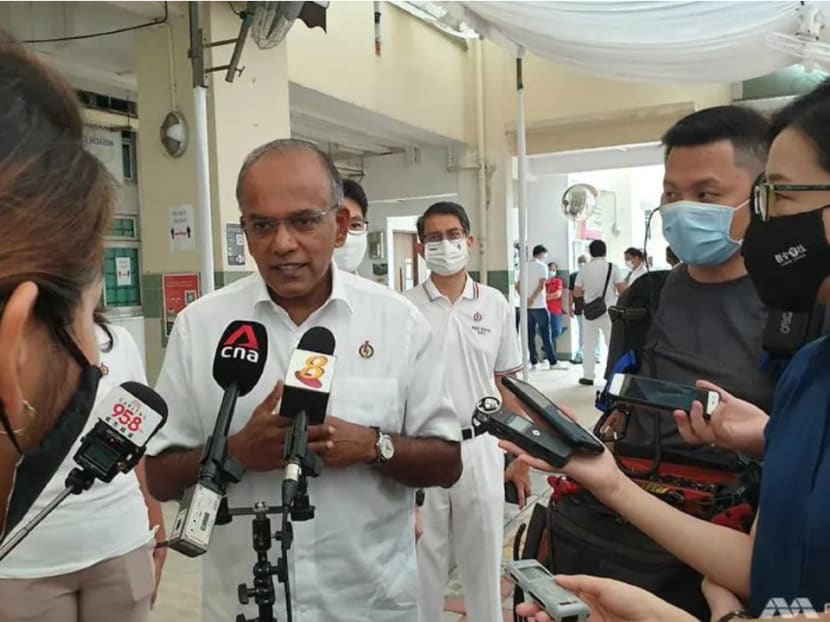 Mr K Shanmugam speaking to reporters outside the People's Action Party branch in Chong Pang on July 11, 2020.