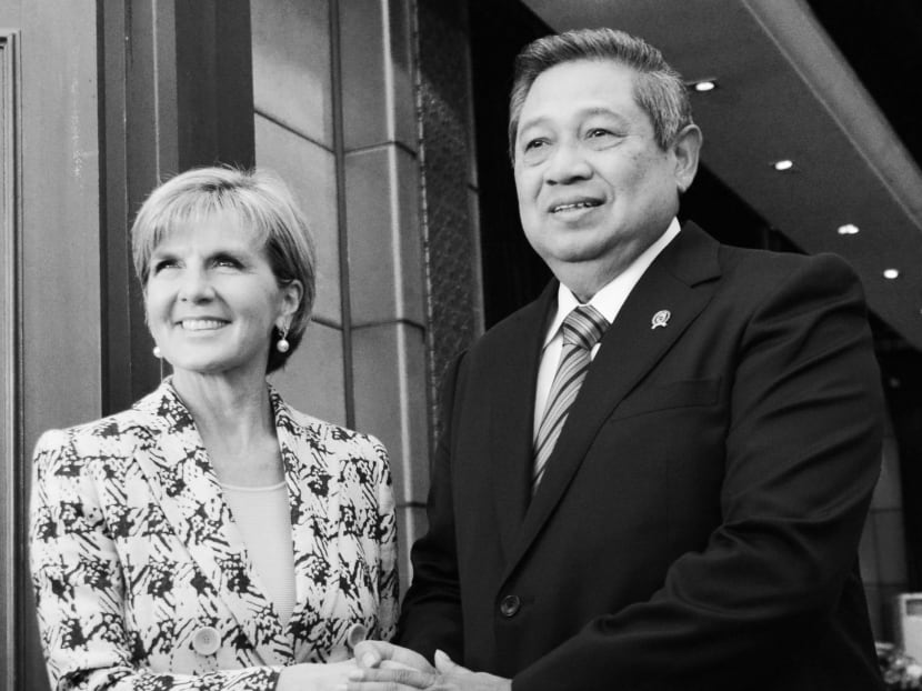 Indonesian President Susilo Bambang Yudhoyono with Australian Foreign Minister Julie Bishop at a meeting in Bali on Aug 28, where both countries signed an agreement on the code of conduct for intelligence operation. Photo: AFP