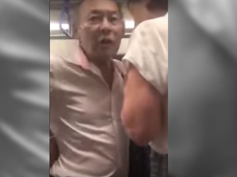 Gan Thean Soon, 71, was charged in court on Friday (Nov 17) for harassing and causing hurt and annoyance to a foreigner on a train earlier this year. Photo: Screengrab from video