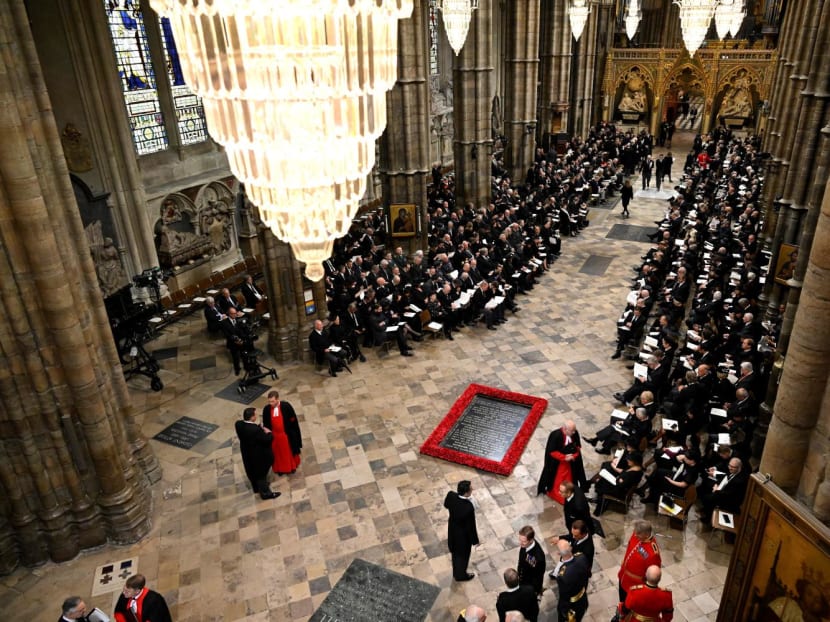 Guests and officials take their seats inside Westminster Abbey in London on Sept 19, 2022, for the State Funeral Service for Britain's Queen Elizabeth II. Guests and officials take their seats inside Westminster Abbey in London on Sept 19, 2022, for the State Funeral Service for Britain's Queen Elizabeth II.