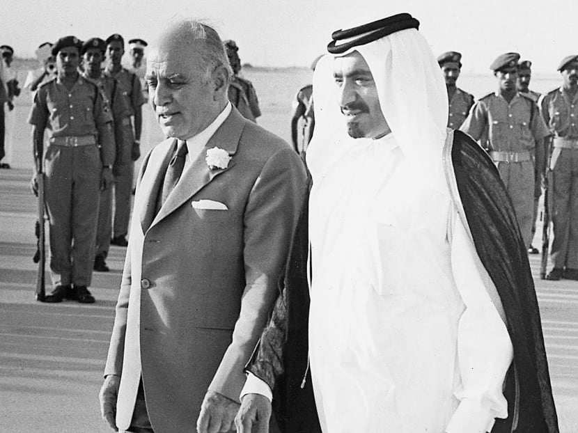 A picture dated 1972 shows Sheikh Khalifa bin Hamad al-Thani (right) with then Lebanese Prime Minister Saeb Salam in Doha. AFP file photo
