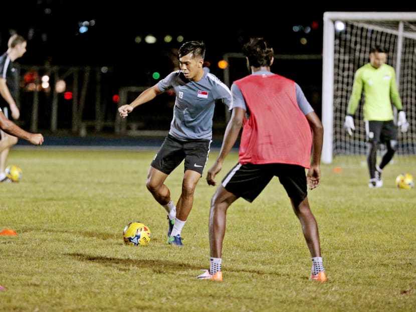 The Lions training in Manila last night ahead of their opening AFF Suzuki Cup game against the Philippines tomorrow evening. They will be relying on their defence to take them through. PHOTO: JASON QUAH