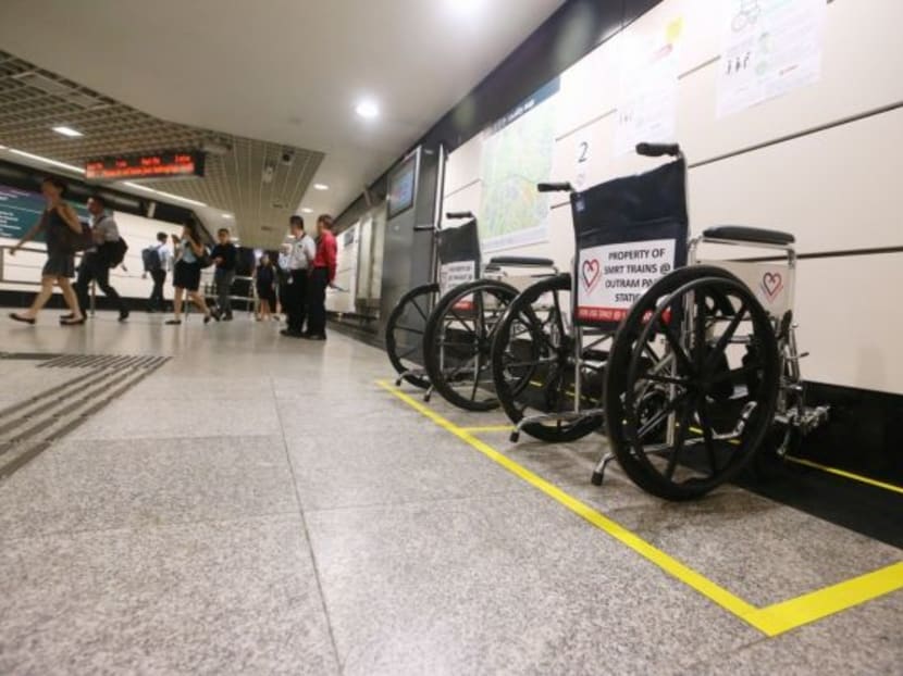 Wheelchairs ready for use as part of the Heartwheels trial at Outram Park MRT Station yesterday. Two trials there have been set up to improve access to SGH. Photo: Koh Mui Fong/TODAY