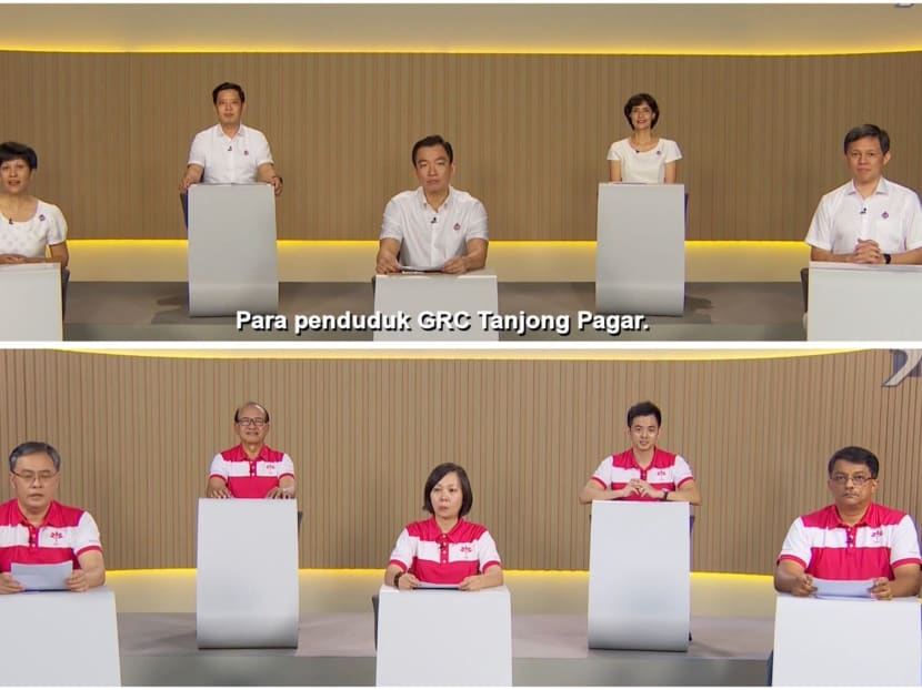 Candidates from the People’s Action Party (top) and the Progress Singapore Party (bottom) are contesting for five seats at Tanjong Pagar Group Representation Constituency. Candidates from the People’s Action Party (top) and the Progress Singapore Party (bottom) are contesting for five seats at Tanjong Pagar Group Representation Constituency.