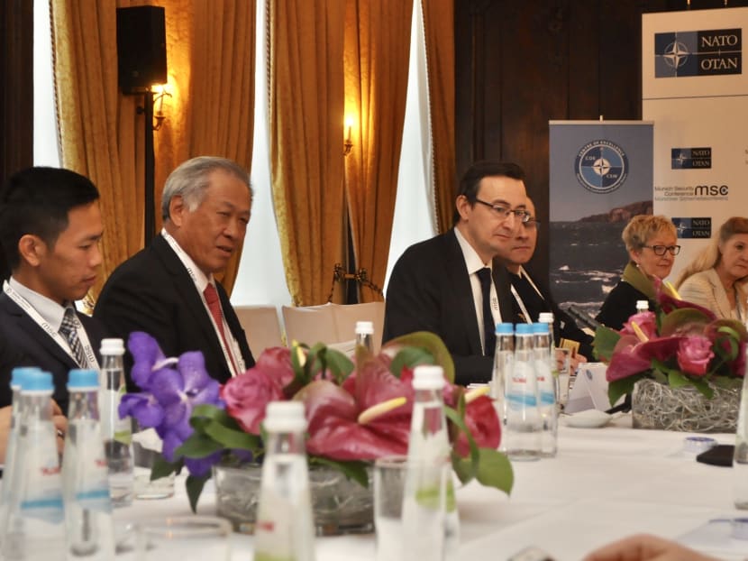 Minister for Defence Dr Ng Eng Hen (second from left) speaking on the topic "Bridging Troubled Waters - The South China Sea Dispute" at the 54th Munich Security Conference on Saturday (Feb 17). Photo: Mindef