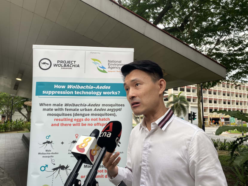 Mr Baey Yam Keng, Senior Parliamentary Secretary of Sustainability and the Environment, speaking to reporters at a Project Wolbachia release event on Oct 10, 2022.
