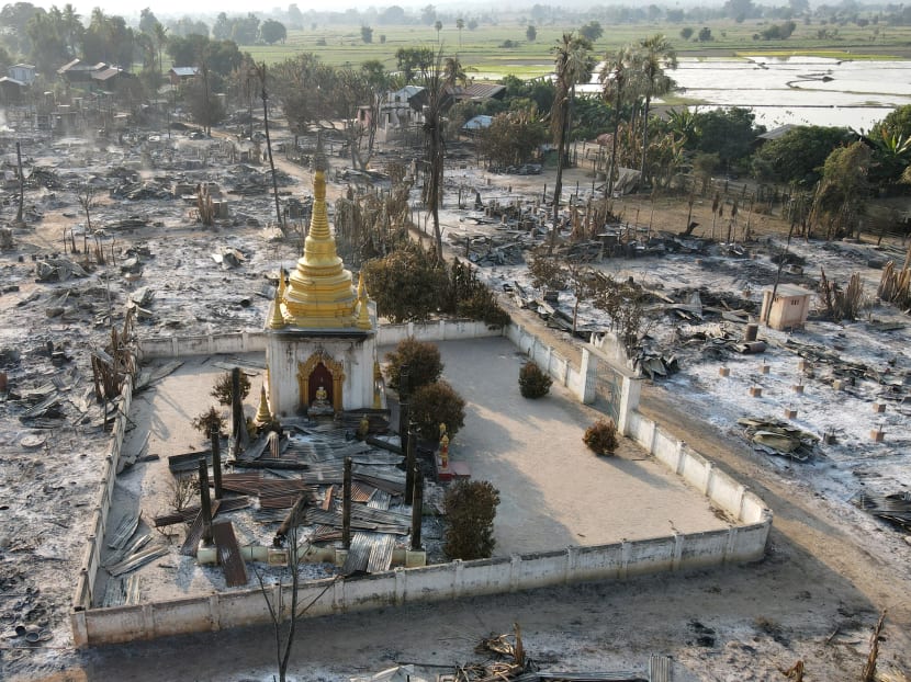An aerial view of Bin village of the Mingin Township in Sagaing region after villagers say it was set ablaze by the Myanmar military, in Myanmar on Feb 3, 2022.
An aerial view of Bin village of the Mingin Township in Sagaing region after villagers say it was set ablaze by the Myanmar military, in Myanmar on Feb 3, 2022.
