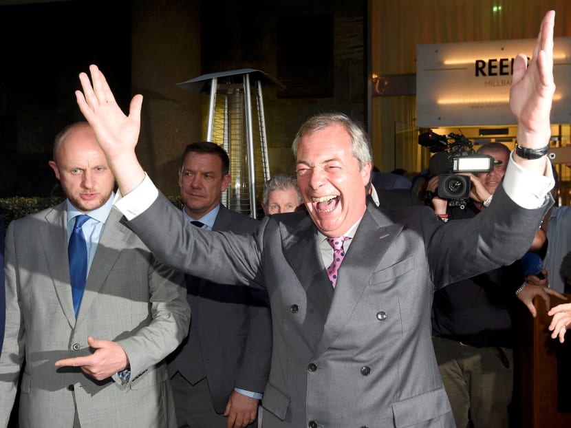 Nigel Farage, the leader of the United Kingdom Independence Party (UKIP), reacts at a Leave.eu party after polling stations closed in the Referendum on the European Union in London, Britain, June 24, 2016. Photo: Reuters