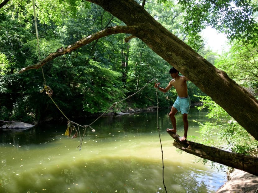 A teenager prepares to jump on a rope swing at Wissahickon Valley Park during a heatwave on Aug 4, 2022 in Philadelphia, Pennsylvania. 