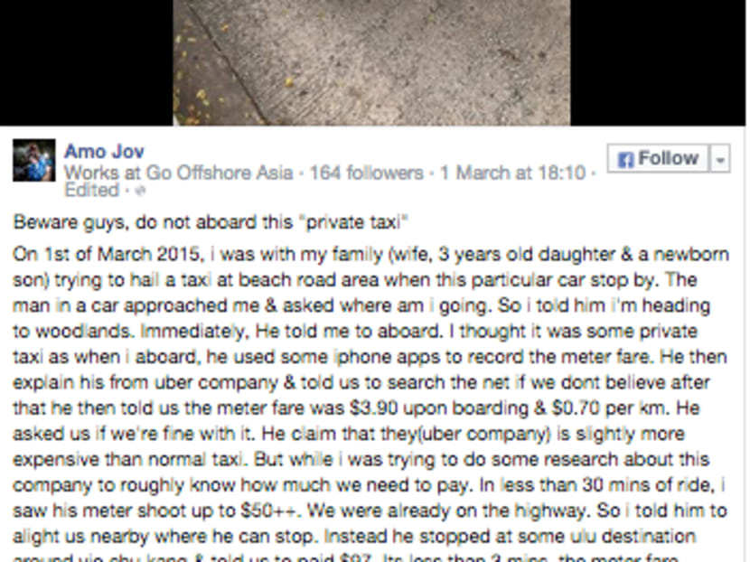 With news of a family paying S$97 for a ride on a purported Uber taxi being spread widely online, Uber has come out to clarify that the motorist in question is not a registered driver. This shows the alleged vehicle whose driver claimed he was registered with Uber. Photo: Screengrab from Joverst Lee's Facebook page