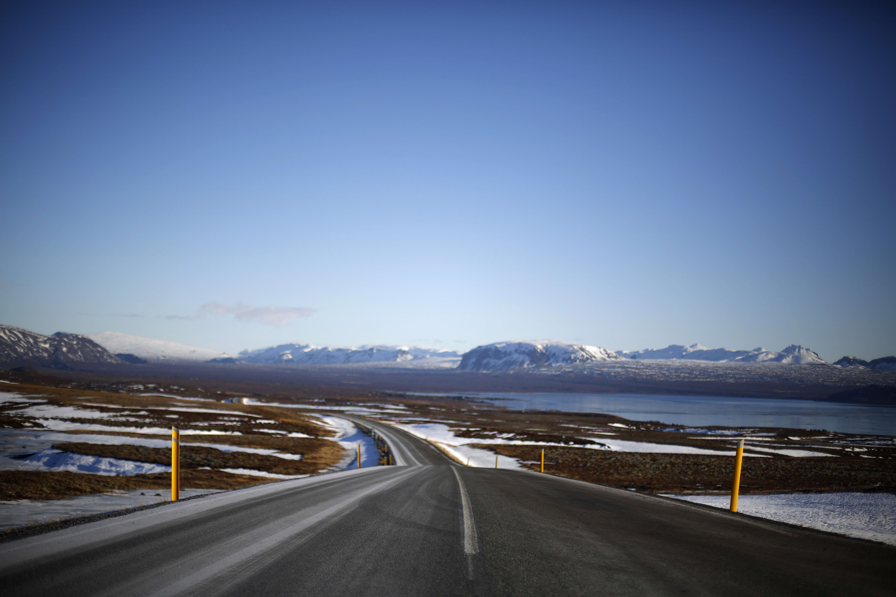 A road near Thingvallavatn lake in southwestern Iceland on Feb 15, 2013.
