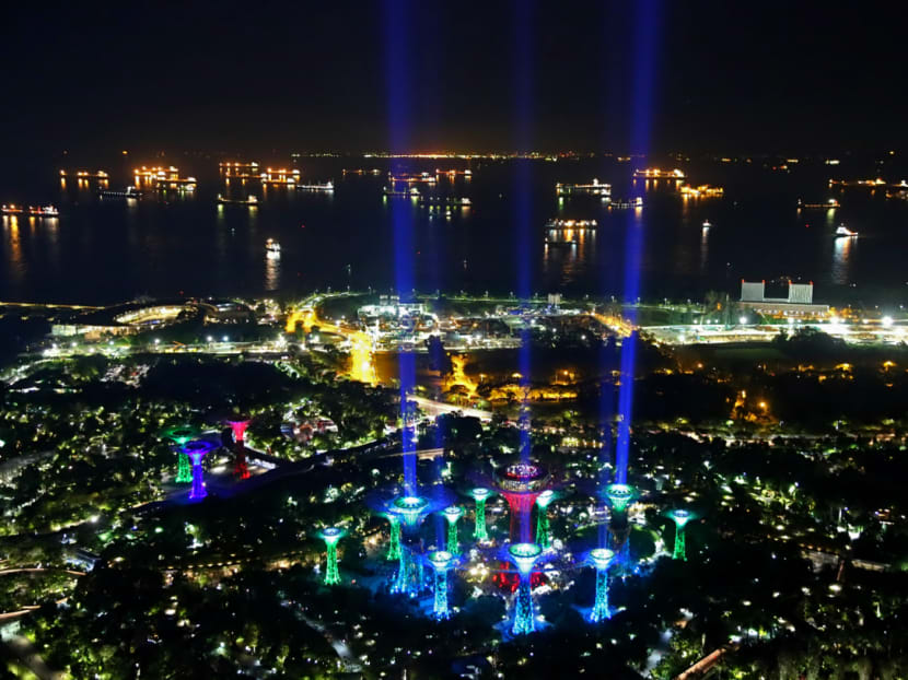 The Supertrees at Gardens by the Bay were turned into "lightsabers" for  Star Wars Day: May the 4th. Photo: Nuria Ling