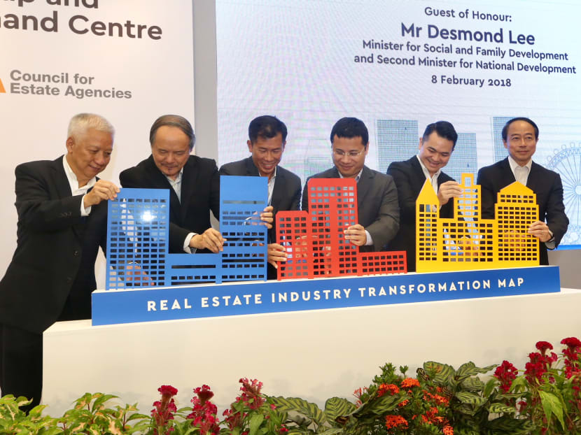 Minister for Social and Family Development and Second Minister for National Development Desmond Lee (4th from left) at the launch of the Real Estate Industry Transformation Map and Commissioning of J-Ops Command Centre at the JTC Summit on Feb 8, 2018. Photo: Koh Mui Fong/TODAY