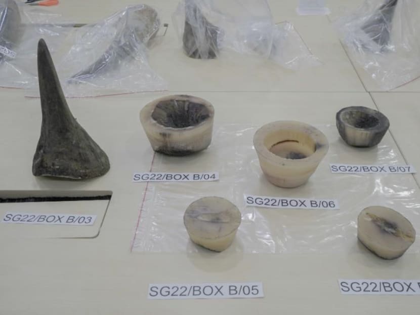 The 20 pieces of rhinoceros horns weighed about 34kg in total and were estimated to be worth around S$1,200,000. The 20 pieces of rhinoceros horns weighed about 34kg in total and were estimated to be worth around S$1,200,000.