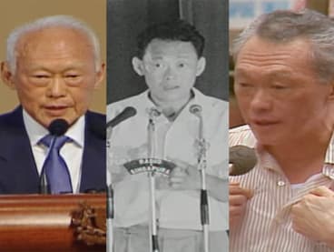 Singapore's founding prime minister Lee Kuan Yew delivering speeches at (L-R) his 80th birthday dinner in 2003, Liquor Retailers' Association anniversary celebrations in 1965 and 1980 General Elections.