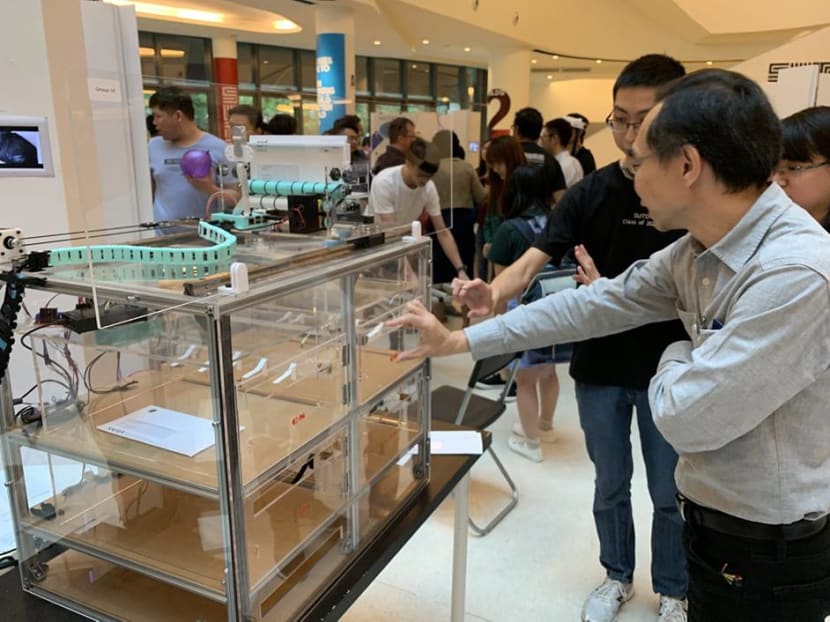 An automated mail sorting solution by Singapore University of Technology and Design students displayed at an engineering design innovation exhibition at the university in April 2019.