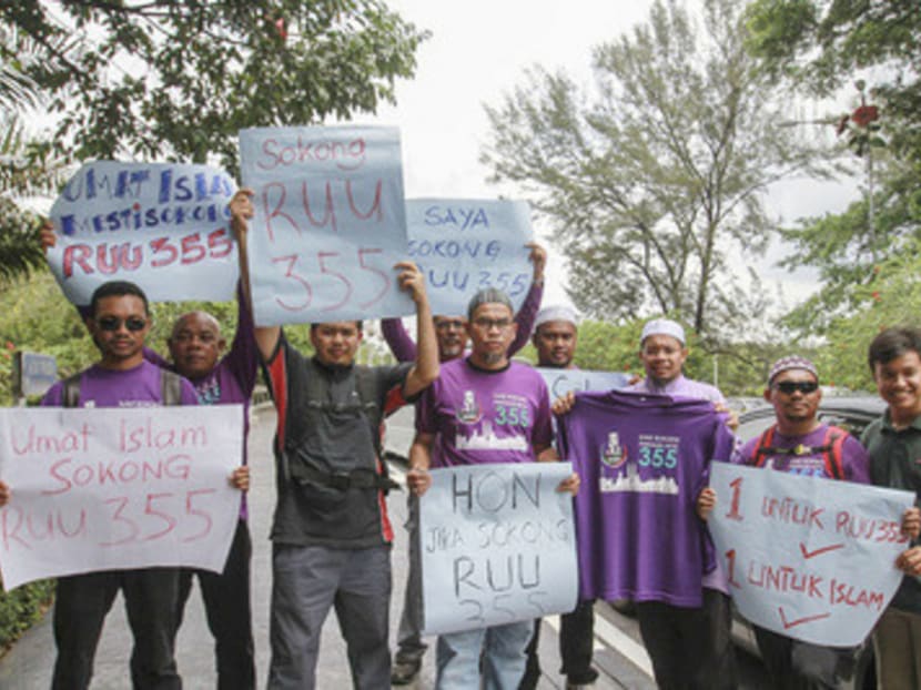 People holding up placards outside the Parliament building in Kuala Lumpur yesterday, in support of PAS president Datuk Seri Abdul Hadi Awang tabling a Bill to amend the Syariah Courts Act. Photo: Malay Mail Online