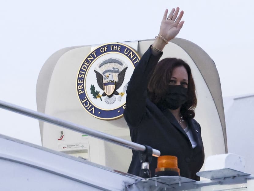 US vice-president Kamala Harris waves before departing Singapore on Aug 24, 2021, as she travels next to Vietnam.