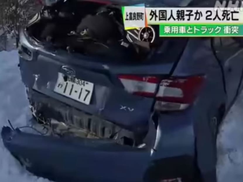 A screengrab from a video by NHK shows the damaged rental car, after a Singaporean woman and a 4-month-old infant was killed in an accident in Hokkaido, Japan on Jan 10, 2023. 
