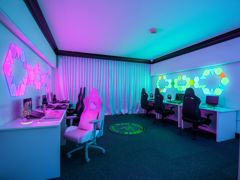 A view of the Razer Mercury Suite, a gaming room in Fairmont Singapore hotel.