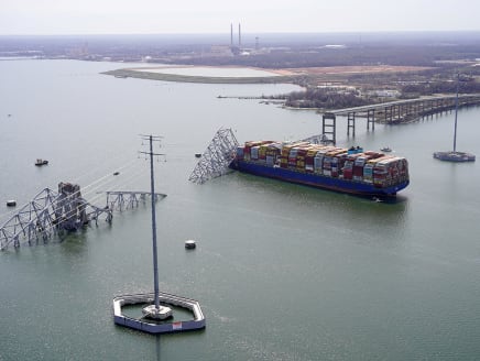 Aerial view of the Dali cargo vessel which crashed into the Francis Scott Key Bridge, causing it to collapse in Baltimore, Maryland, US, on March 26, 2024.