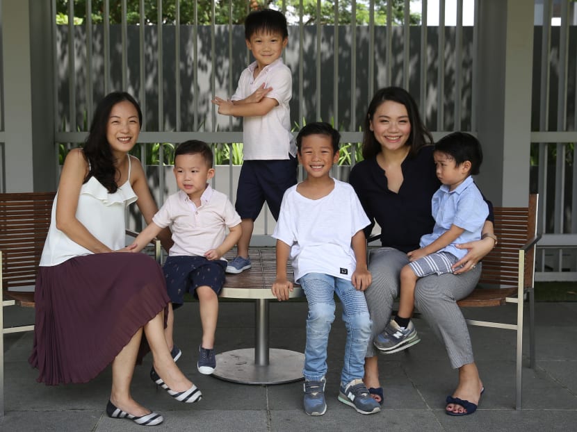 Left to right: Ms Amanda Chan and her two children Corey  and Riley Yong; Isaac Puah with his mother, Ms Joanne Seow, and brother Isaiah. The two mothers formed a support group for parents who have to cope with children who suffer from allergies.