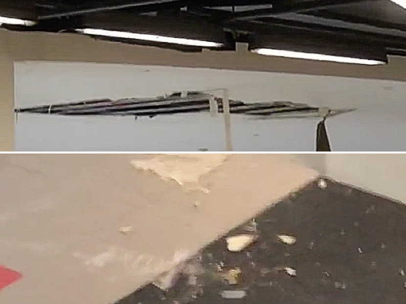 Screenshots from a video showing a hole in the ceiling and the debris that fell onto the floor of basement 1 in Nex shopping mall. Screenshots from a video showing a hole in the ceiling and the debris that fell onto the floor of basement 1 in Nex shopping mall.