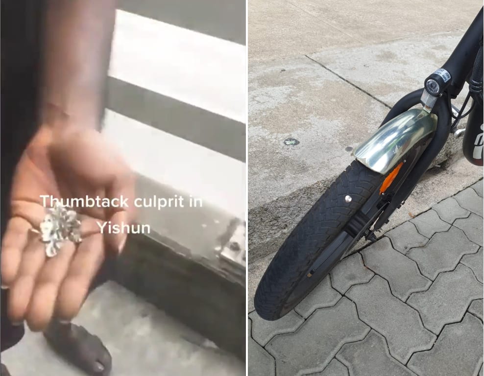 Screengrab and image from social media posts showing a person picking up a handful of thumbtacks from a pavement (left) and a thumbtack lodged in the wheel of a bicycle (right). 